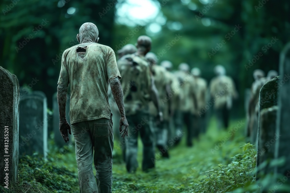 Fototapeta premium A group of zombies, dressed in dirty, tattered clothing, walk through a cemetery with tombstones visible. The scene is eerie and ominous, creating a horror atmosphere.