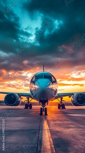 Elegant airplane flying through a stunning sunset view image
