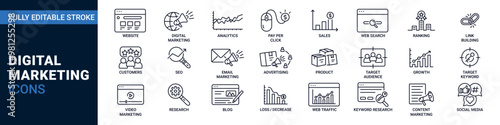 Digital marketing editable stroke icon set. Included seo, social media, sales and marketing vector symbol.