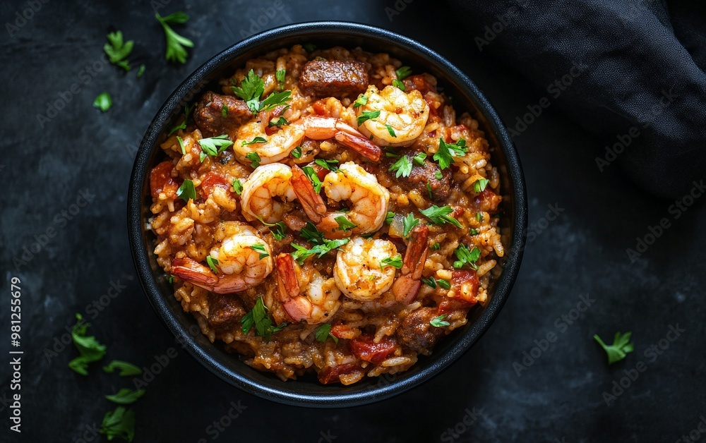 Delicious shrimp jambalaya in black bowl with fresh herbs and rice Delicious shrimp jambalaya in black bowl with fresh herbs and rice
