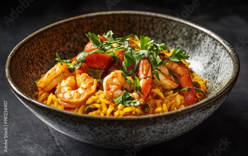 Delicious shrimp paella with fresh herbs in rustic bowl