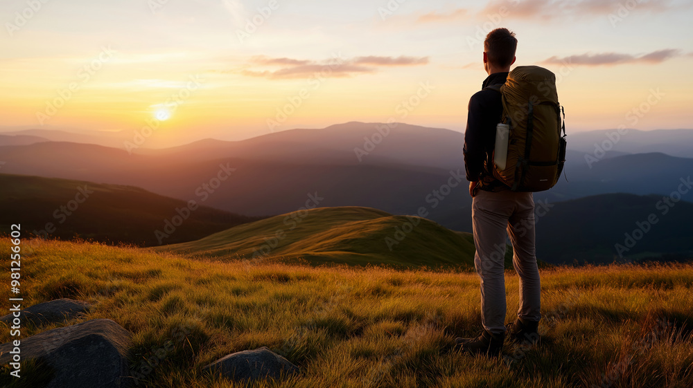 A lone hiker stands on a grassy ridge, gazing at a breathtaking sunset over distant mountains, embodying adventure and tranquility in nature. A lone hiker stands on a grassy ridge, gazing at a breathtaking sunset over distant mountains, embodying adventure and tranquility in nature.