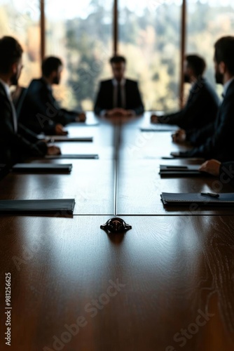 A formal boardroom meeting with executives discussing strategy around a large table in a modern office environment. photo