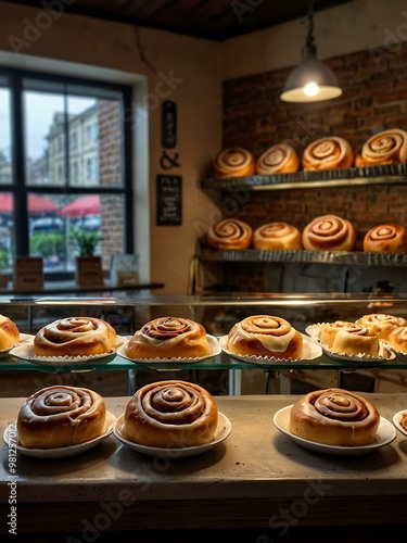 Cinnamon rolls enticing in a charming bakery setting.