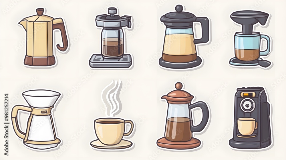 Sticker vector image of a coffee maker, with various types and styles of coffee brewing equipment on a brown background. Vector illustration, in a cartoon style for stickers or label design Sticker vector image of a coffee maker, with various types and styles of coffee brewing equipment on a brown background. Vector illustration, in a cartoon style for stickers or label design