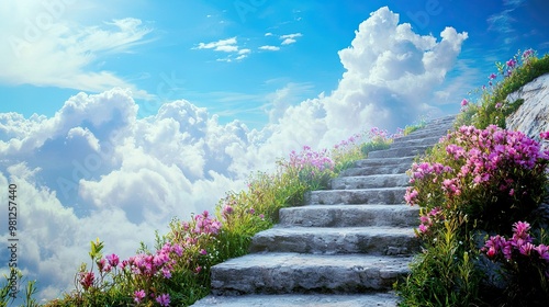 long small steps covered with few flowers lead to high end cloud heaven and lord in distance photo