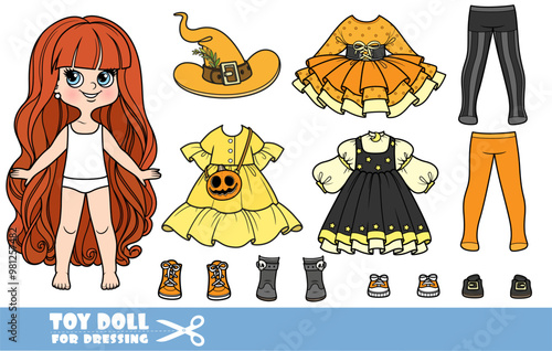 Cartoon very long haired girl and clothes separately - Halloween witch costume constructor with elegant dresses, hats and pumpkin bag
