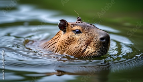 Intimate view of a capybara gliding through a tranquil river, capturing the essence of natures wildlife. photo