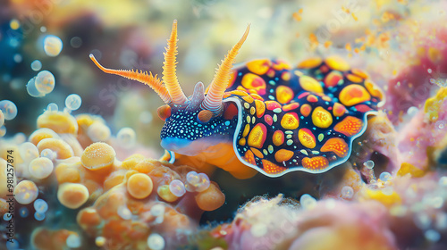 A vibrant nudibranch crawling along a colorful coral reef, its bright colors and intricate patterns standing out against the soft coral 