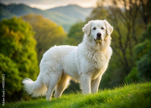 Fluffy white Kuvasz dog stands alone on a lush green grassy hill in a serene park, its piercing brown eyes gazing directly at the camera.