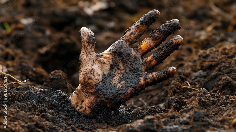 Obraz premium A chilling dead hand reaches out from the rich, dark soil in eerily realistic detail
