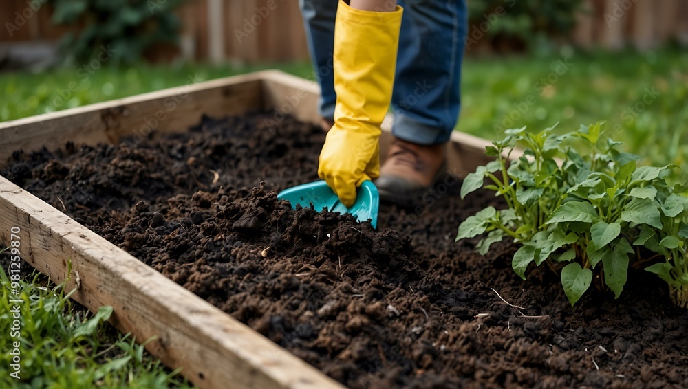 Cleaning garden beds by removing plants and adding compost, preparing for winter. Cleaning garden beds by removing plants and adding compost, preparing for winter.