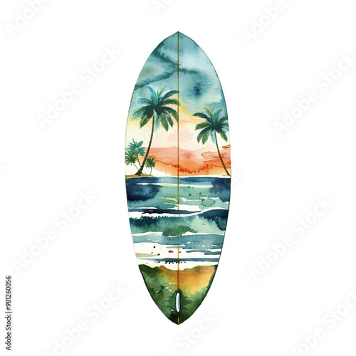 imagine silhouette surfboard with beach scene inside vector illustration in watercolor style