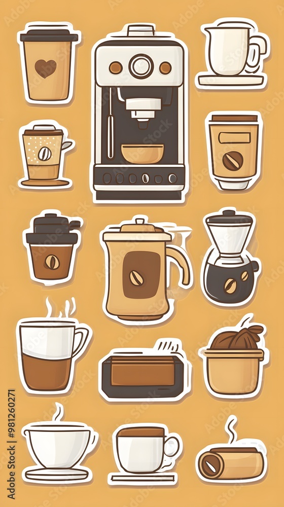 Fototapeta premium Sticker vector image of a coffee maker, with various types and styles of coffee brewing equipment on a brown background. Vector illustration, in a cartoon style for stickers or label design