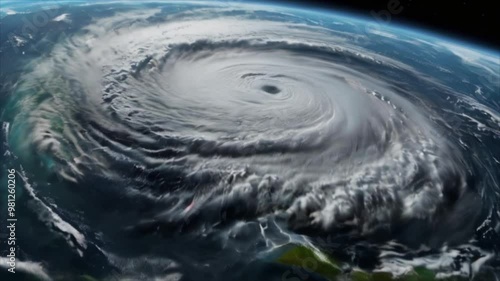Animated satellite imagery shows a large, intense hurricane storm forming from space. Generative AI Video