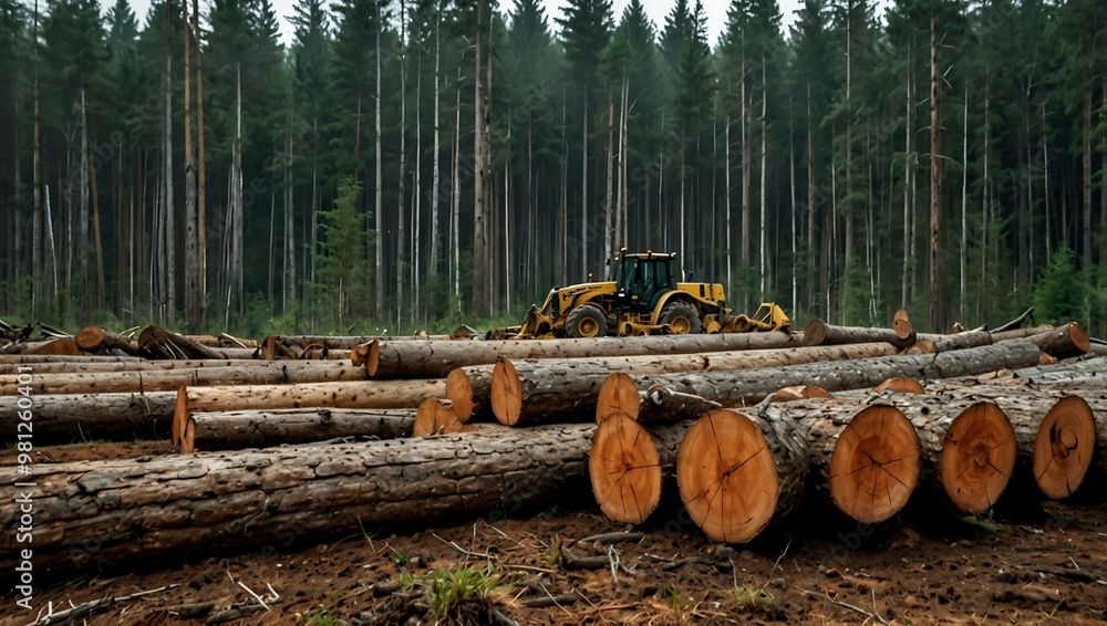 Clear-cut forest with stacked logs and machinery, showcasing logging industry scale. Clear-cut forest with stacked logs and machinery, showcasing logging industry scale.