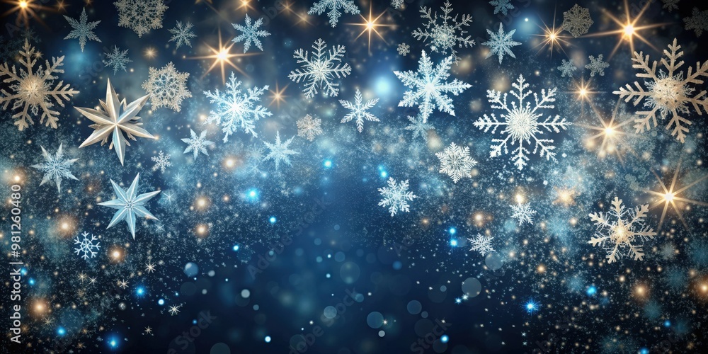 Snowflakes and stars falling gently against a dark background, snowflakes, stars, falling, winter, snow, celestial, night sky Snowflakes and stars falling gently against a dark background, snowflakes, stars, falling, winter, snow, celestial, night sky