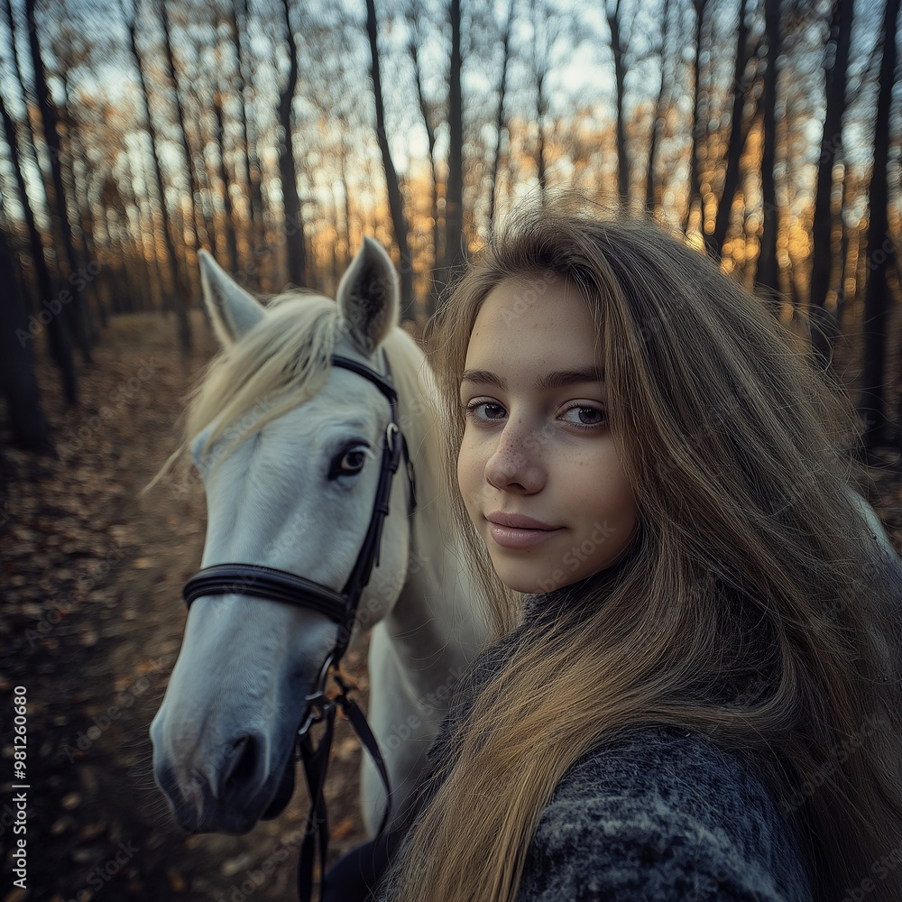Obraz premium Portrait of a girl on a horse, surrealism style, looking straight into the camera, AFTERGLOW, Color-Gel, forest in the background, palette of a forest fairy tale, mysterious mood