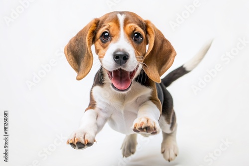 Adorable beagle puppy leaps up and down on a clean white background, showcasing its energetic personality and playful antics in a joyful, carefree moment. photo