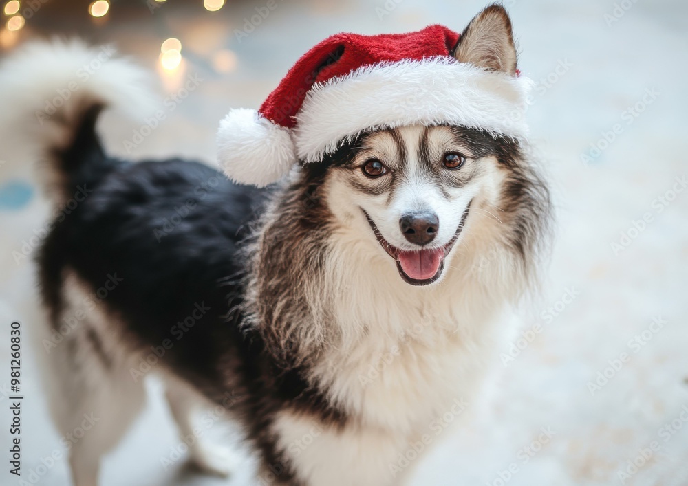 A cute, fluffy dog wearing a red Santa hat, perfect for holiday-themed marketing, Christmas cards, social media posts, and festive pet promotions, A cute, fluffy dog wearing a red Santa hat, perfect for holiday-themed marketing, Christmas cards, social media posts, and festive pet promotions,