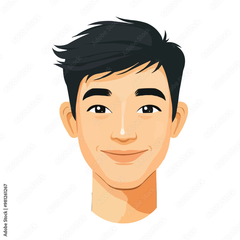 flat cartoon headshot of an Asian man with black hair flat cartoon headshot of an Asian man with black hair