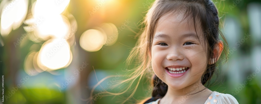A delightful young girl beams with a bright smile, sunlight highlighting her hair, embodying joy and innocence A delightful young girl beams with a bright smile, sunlight highlighting her hair, embodying joy and innocence