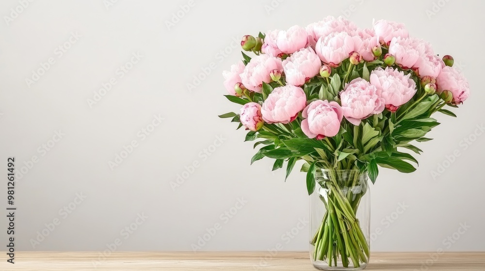 A stunning arrangement of pink peonies fills a glass vase, placed on a table. The full blooms exhibit soft hues, complemented by vibrant green leaves against a neutral backdrop A stunning arrangement of pink peonies fills a glass vase, placed on a table. The full blooms exhibit soft hues, complemented by vibrant green leaves against a neutral backdrop
