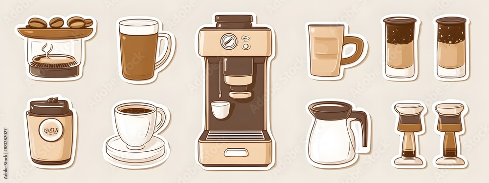 Sticker vector image of a coffee maker, with various types and styles of coffee brewing equipment on a brown background. Vector illustration, in a cartoon style for stickers or label design Sticker vector image of a coffee maker, with various types and styles of coffee brewing equipment on a brown background. Vector illustration, in a cartoon style for stickers or label design