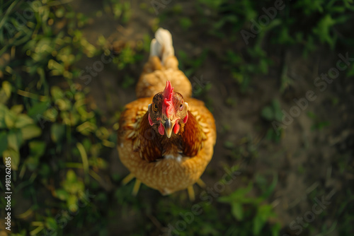 Aerial Drone View of a Chicken Standing in the Middle of a Green Grass Field Looking Up Directly at the Drone, Captured from Above with a Frontal Perspective.