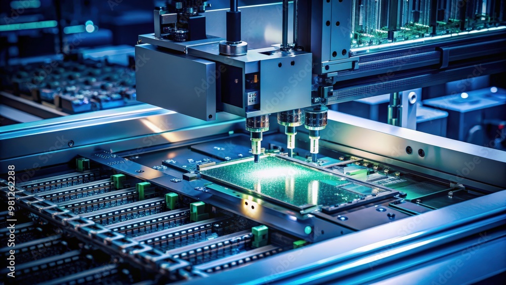 Automatic Pick and Place machine installing components on circuit board in dark environment, electronics Automatic Pick and Place machine installing components on circuit board in dark environment, electronics