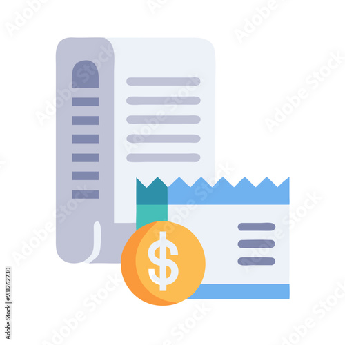 Receipt and dollar coin icon for financial transaction and payment processing
