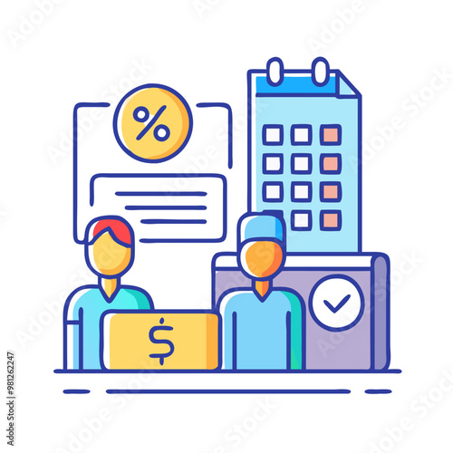 People discussing taxes with a percentage chart and calculator
