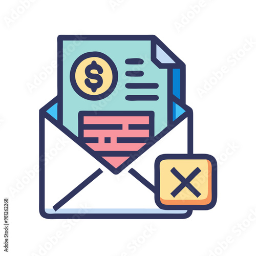 Rejected financial invoice in envelope icon for unpaid bills
