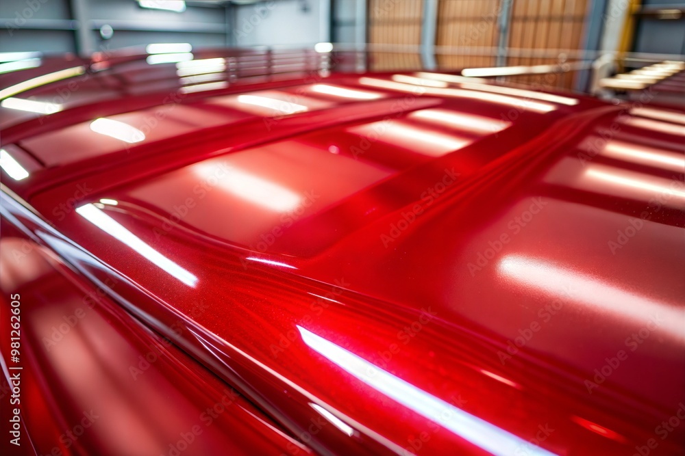 Close-up of glossy red car roof with metallic finish Close-up of glossy red car roof with metallic finish