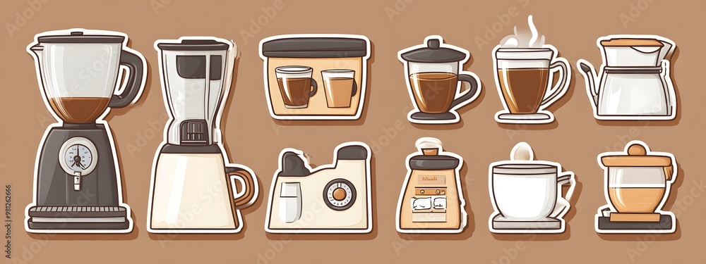 Sticker vector image of a coffee maker, with various types and styles of coffee brewing equipment on a brown background. Vector illustration, in a cartoon style for stickers or label design Sticker vector image of a coffee maker, with various types and styles of coffee brewing equipment on a brown background. Vector illustration, in a cartoon style for stickers or label design