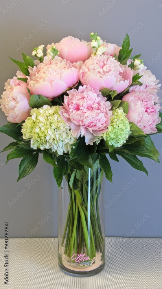 A stunning arrangement of pink peonies fills a glass vase, placed on a table. The full blooms exhibit soft hues, complemented by vibrant green leaves against a neutral backdrop A stunning arrangement of pink peonies fills a glass vase, placed on a table. The full blooms exhibit soft hues, complemented by vibrant green leaves against a neutral backdrop