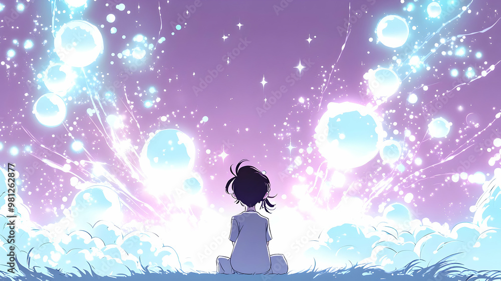 A Child Gazes at the Magical Sky with Bright, Glowing Circles and Stars A Child Gazes at the Magical Sky with Bright, Glowing Circles and Stars
