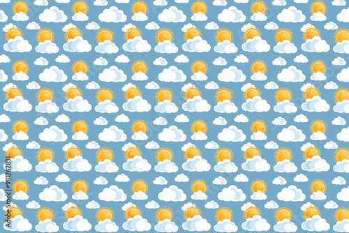 Seamless pattern with clouds and sun on a blue background.