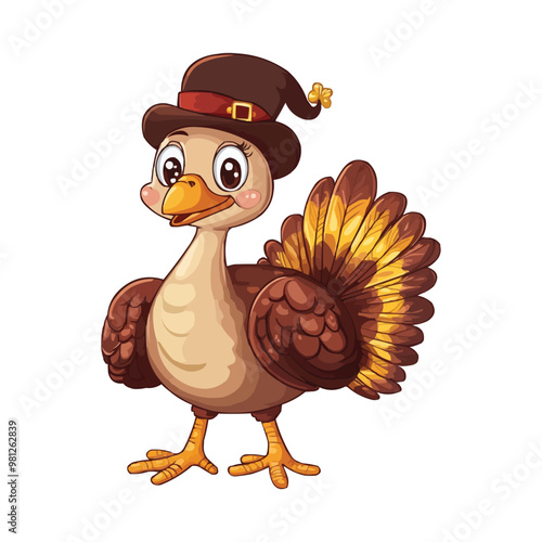 Cute cartoon turkey wearing a hat vector illustration clipart