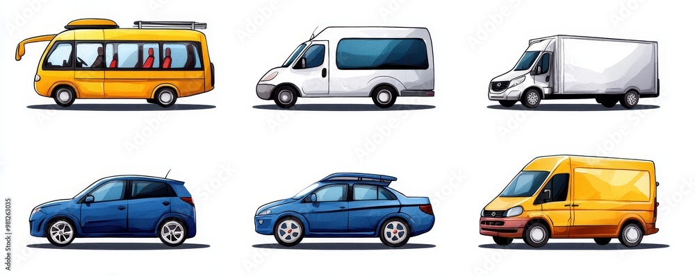 A collection of various vehicle illustrations, including buses, vans, trucks, and cars, showcasing diverse transport options. A collection of various vehicle illustrations, including buses, vans, trucks, and cars, showcasing diverse transport options.