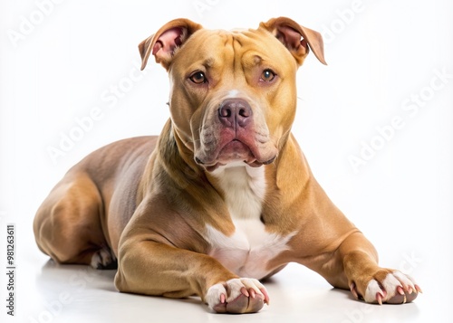 Lovely adult Pit Bull Terrier dog with muscular build and short coat in fawn color lies down on a clean white background gazing forward. photo