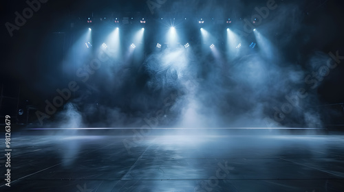 Empty concert stage with illuminated spotlights and smoke