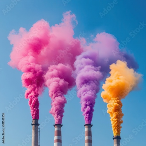 Smokestacks releasing vibrant colored smoke into clear skies, symbolizing pollution and environmental awareness photo