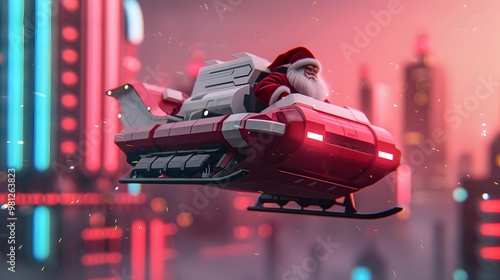 Futuristic Santa s Sleigh Hovercraft Flying Over Neon Lit City photo