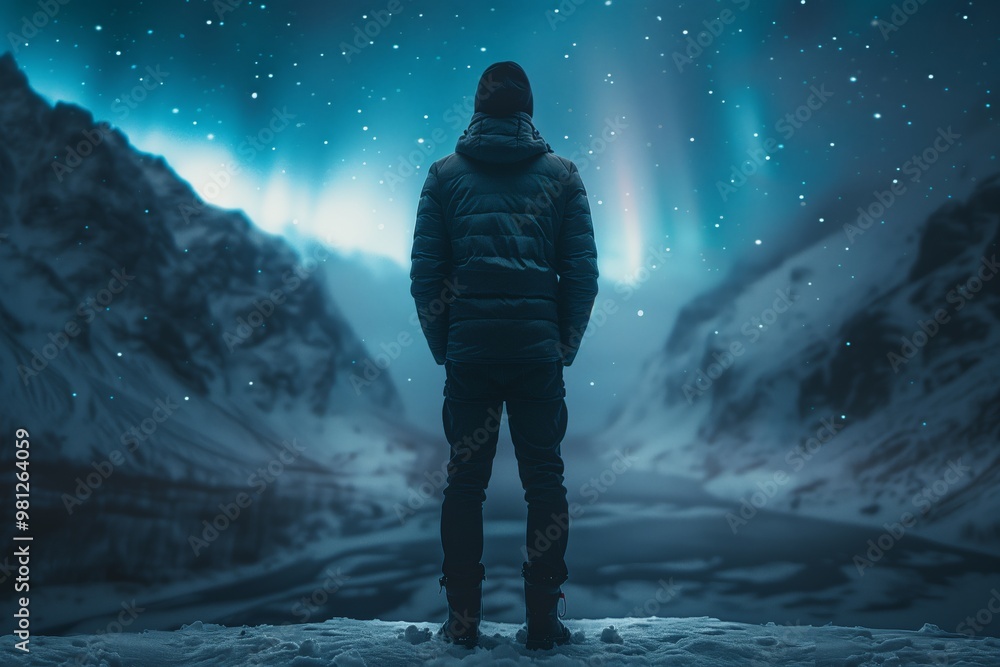 Obraz premium Silhouette of person in winter gear gazing at stunning aurora borealis over snowy mountains. Starry night sky, turquoise and blue tones create magical atmosphere