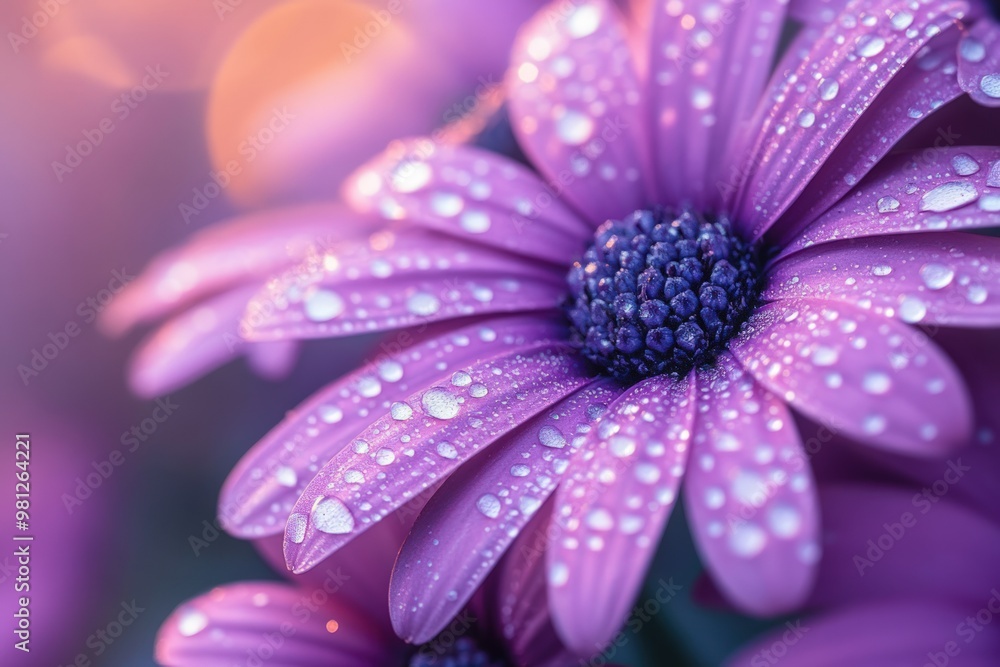 Closeup of a vibrant purple flower with dew drops on its petals, bathed in soft sunlight. Closeup of a vibrant purple flower with dew drops on its petals, bathed in soft sunlight.