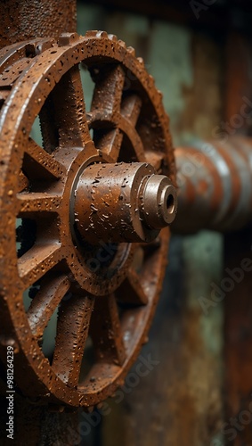 Close-up of a rusty gear in a machinery setting.