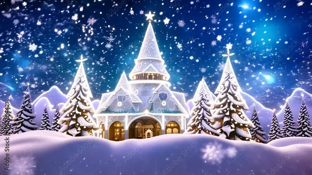 Festive lights are converging to reveal a beautiful church in a snowy landscape. Ideal for projects related to christmas, winter holidays and religious celebrations Festive lights are converging to reveal a beautiful church in a snowy landscape. Ideal for projects related to christmas, winter holidays and religious celebrations