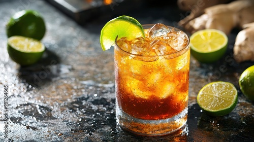 Glass of dark and stormy with a splash of dark rum and ginger beer.