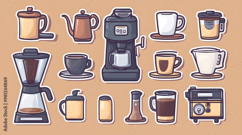 Sticker vector image of a coffee maker, with various types and styles of coffee brewing equipment on a brown background. Vector illustration, in a cartoon style for stickers or label design Sticker vector image of a coffee maker, with various types and styles of coffee brewing equipment on a brown background. Vector illustration, in a cartoon style for stickers or label design